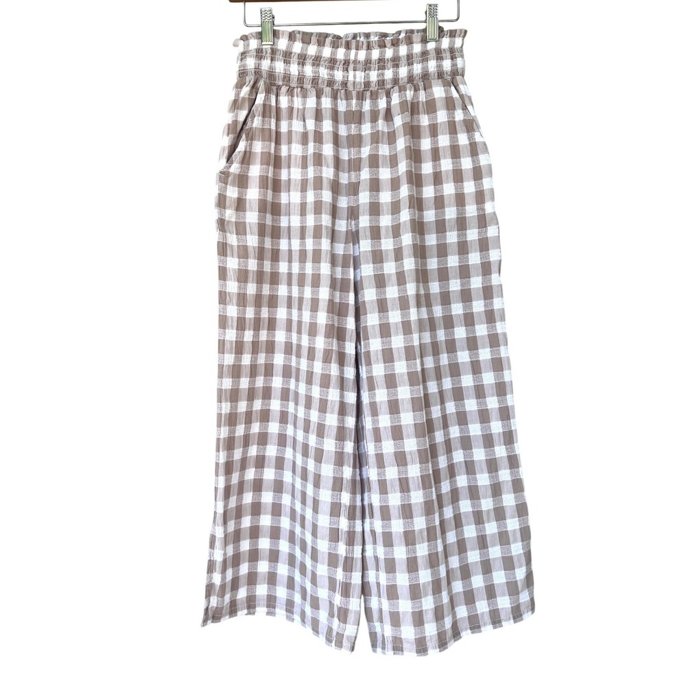Aerie Gingham Wide Leg Pants Size S Cropped Tan White Smocked Paperbag Cottage
